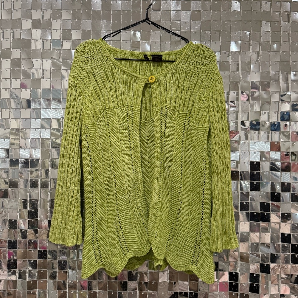 Green Open-Knit Button Cardigan | Lightweight Textured Sweater